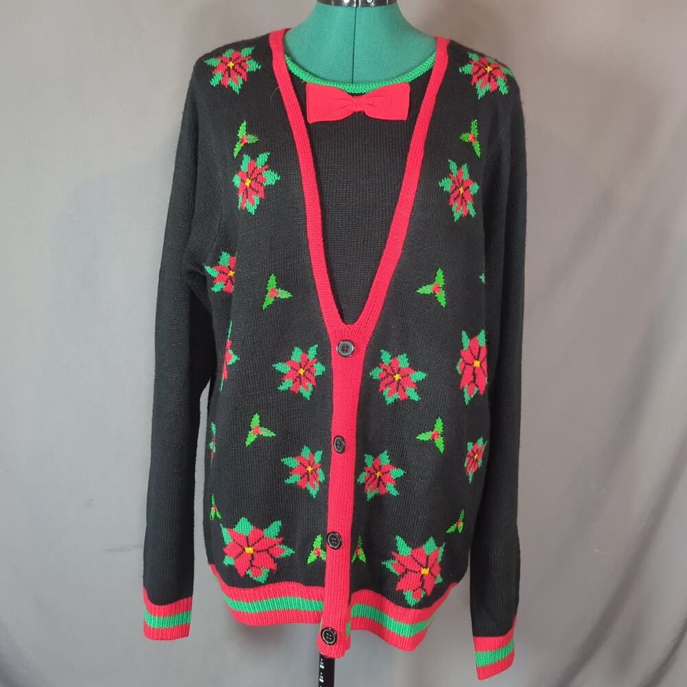 Jolly Sweaters Ugly Christmas Poinsettia Bow Tie Sweater L/G Black Red